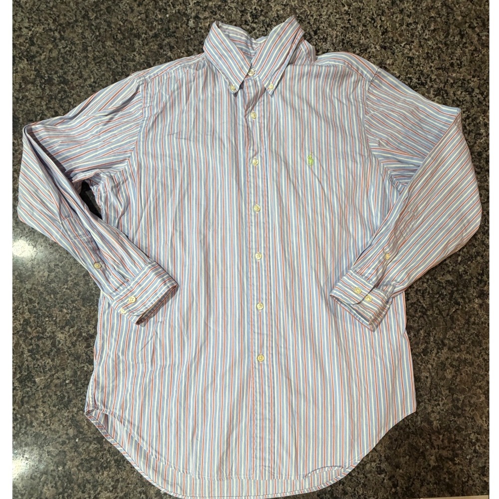 Ralph Lauren Classic Fit Striped Shirt Mens 15.5 32/33 Blue Orange Yellow Pony